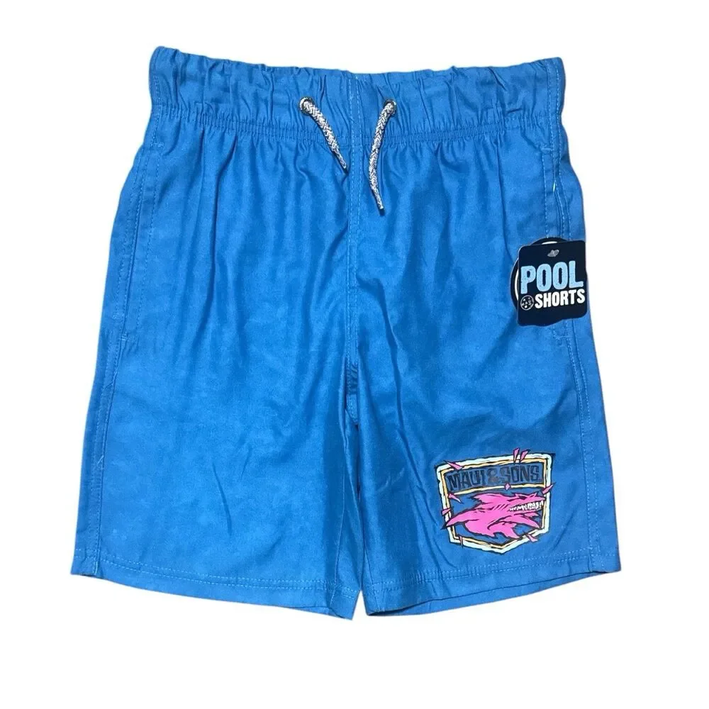 Maui and Sons Swim Set Boys 8 Blue UPF 50 Hooded Rash Guard Board Shorts NWT